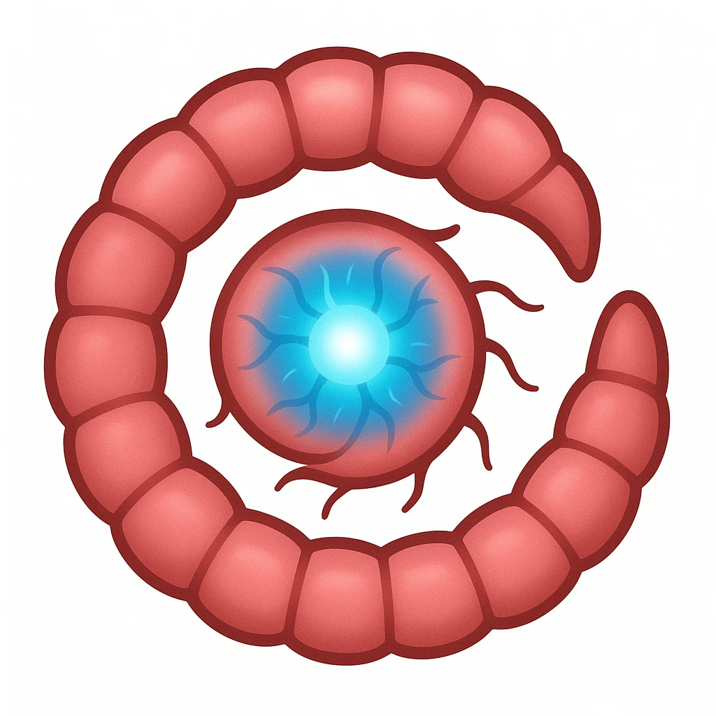 Edit the image to look like the original Neurax Worm from Plague Inc: a segmented pinkish worm with a glowing blue neural core, subtle neural tendrils, and the iconic spiral shape. The style should emulate the emoji style, focusing on concise and clear features typical of emojis. emoji