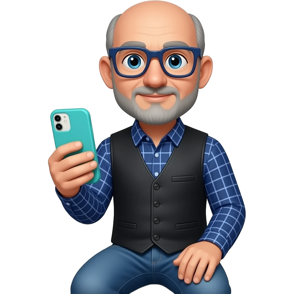 Señor sentado orejas grandes gafas cuadradas azul oscuras nariz grande y un poco de barba gris y casi calvo canoso Está con un teléfono móvil de funda turquesa y una camisa azul marino con líneas a cuadros encima un chaleco de algodón cerrado negro y vaqueros azules. emoji