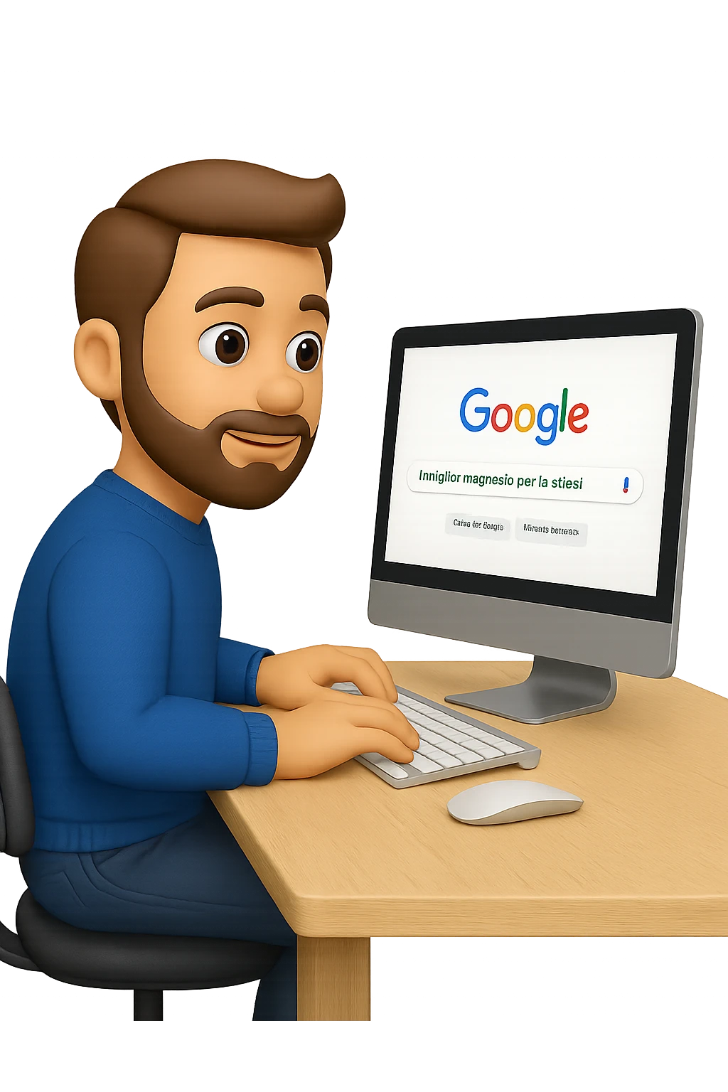 emoji stile iphone di un uomo davanti al pc che cerca di google: "Il miglior magnesio per la stipsi", iperrealistico 4k emoji