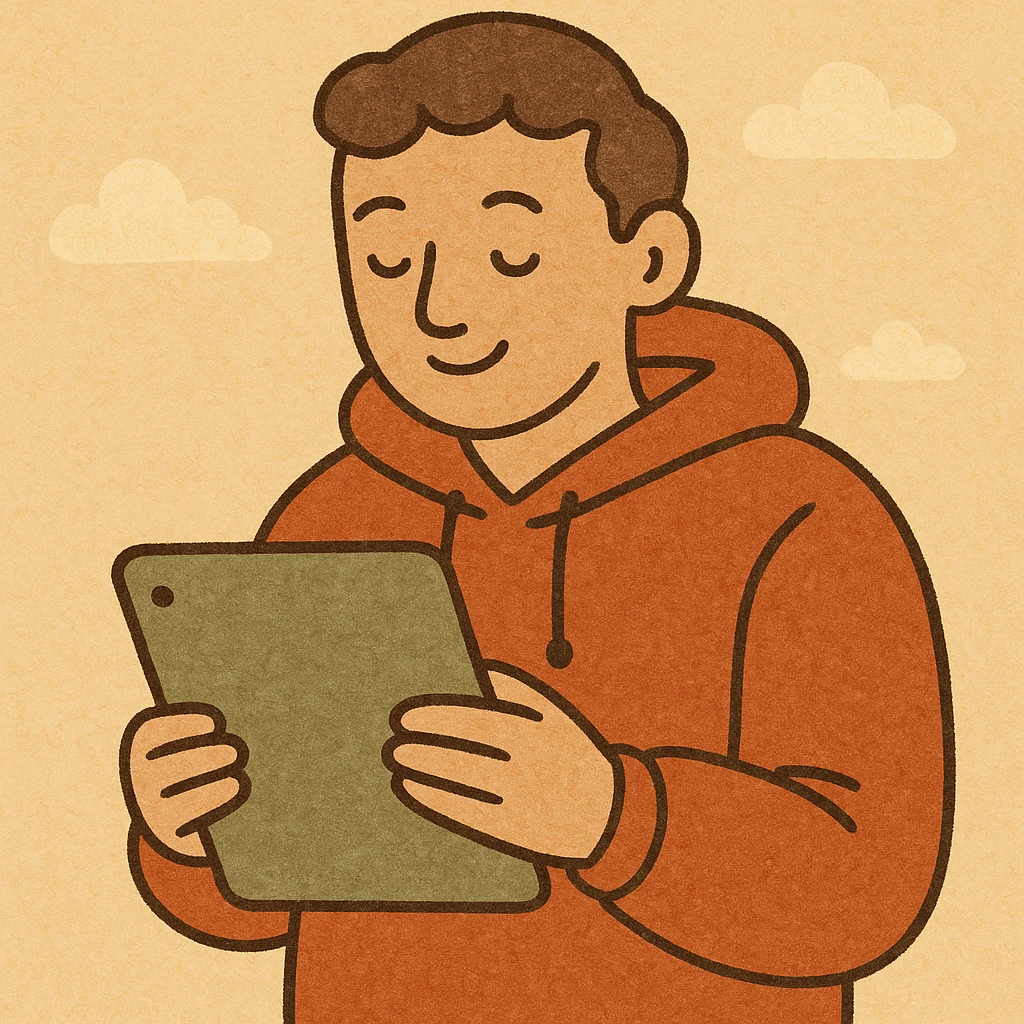 a man with a hoodie, holding an iPad, minimal flat design, flat warm colors style emoji