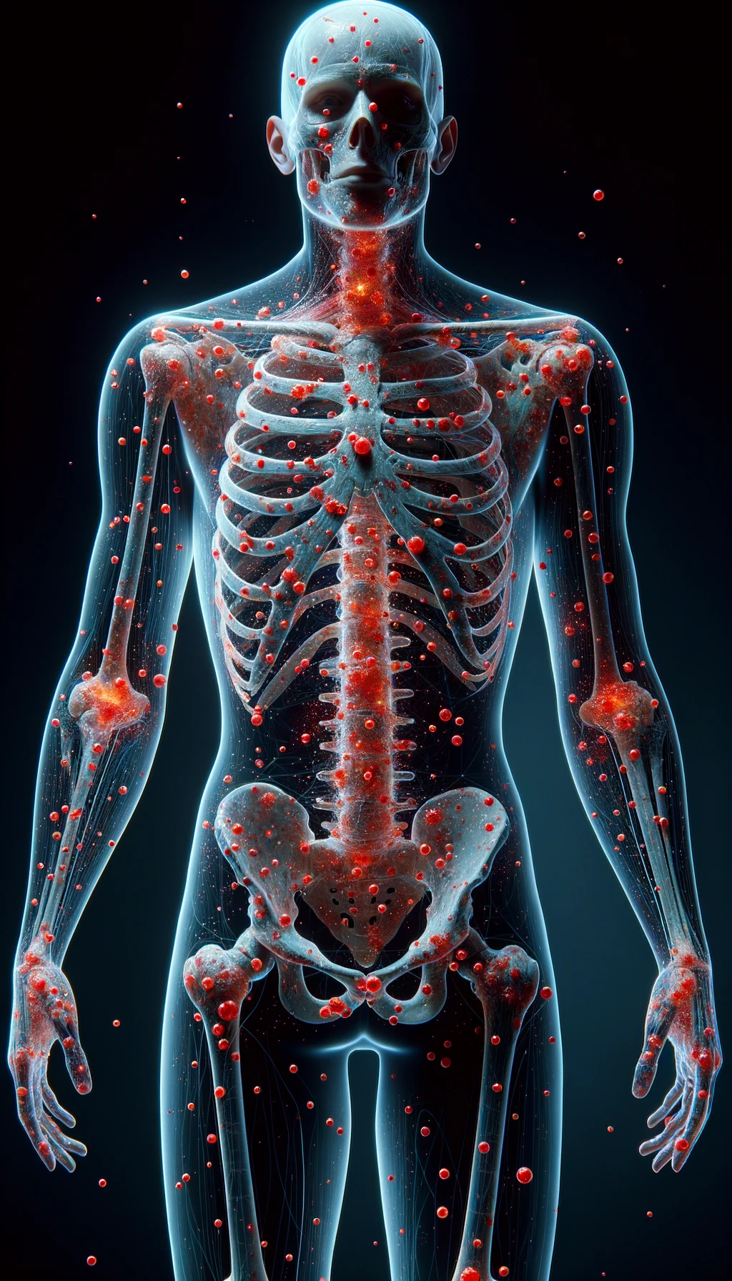 CORPO UMANO ANATOMICO CON RED SPOT DI INFIAMMAZIONE SPARSI SUL CORPO, iperrealistico 4k emoji