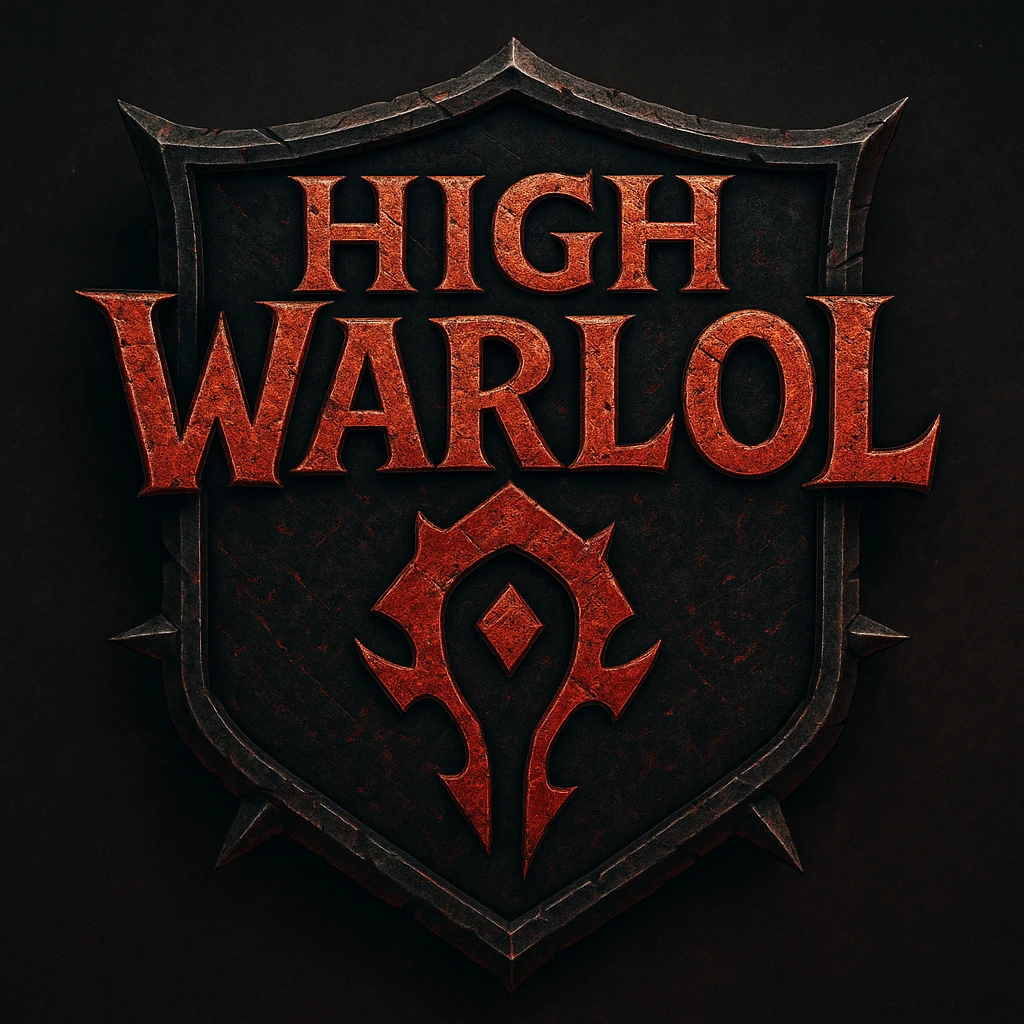 World of Warcraft-inspired logo for 'High Warlol', dramatic battle-worn look, Horde iconography, playful meme-like twist in lettering emoji