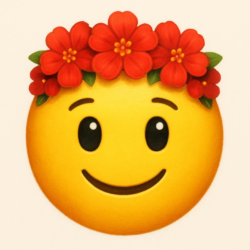 yellow face with red flower crown emoji, digital illustration emoji