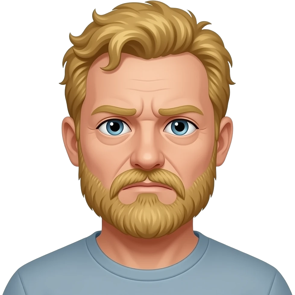 A weary white mean with short curly golden hair with flecks of grey and a shaggy yellow beard. He has hollowed out eyes and is very cynical. He is in his mid thirties. emoji