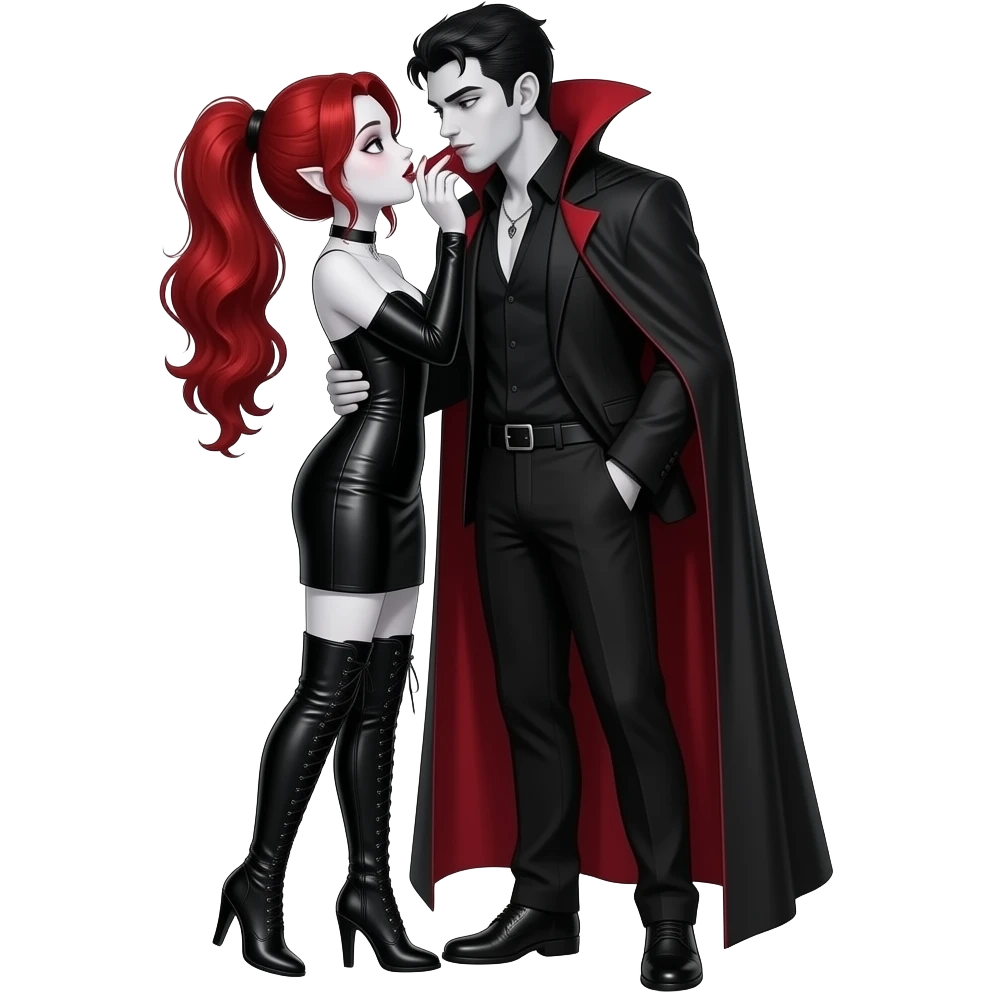 Vampiro femmina adolescente con pelle bianca e capelli rosso ondulati lunghi raccolti in una mezza coda che indossa un vestito stretto in vita e LUNGO FINO AI PIEDI sotto con maniche lunghe nero e stivali lunghi con tacco neri che sta baciando il suo ragazzo VAMPIRO emoji