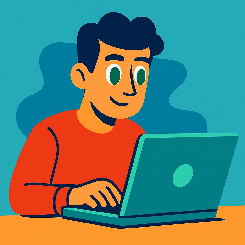 man with dark hair and green eyes working on a laptop, simple background, vibrant cartoon style emoji