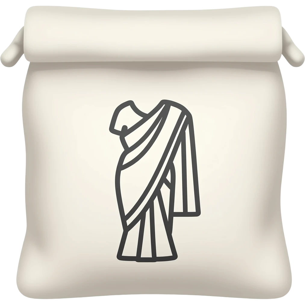 Create a minimal black outline icon of a folded silk saree placed inside a soft cotton storage pouch. Clean vector style, thin stroke lines, no shading, centered composition, white background, luxury packaging instruction icon style. emoji