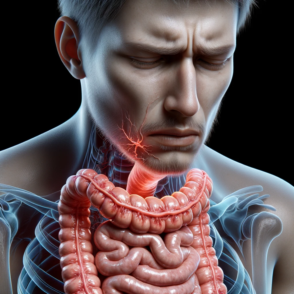 corpo umano anatomico realistico con intestino infiammato, espressione di dolore in volto, iperrealistico 4k emoji