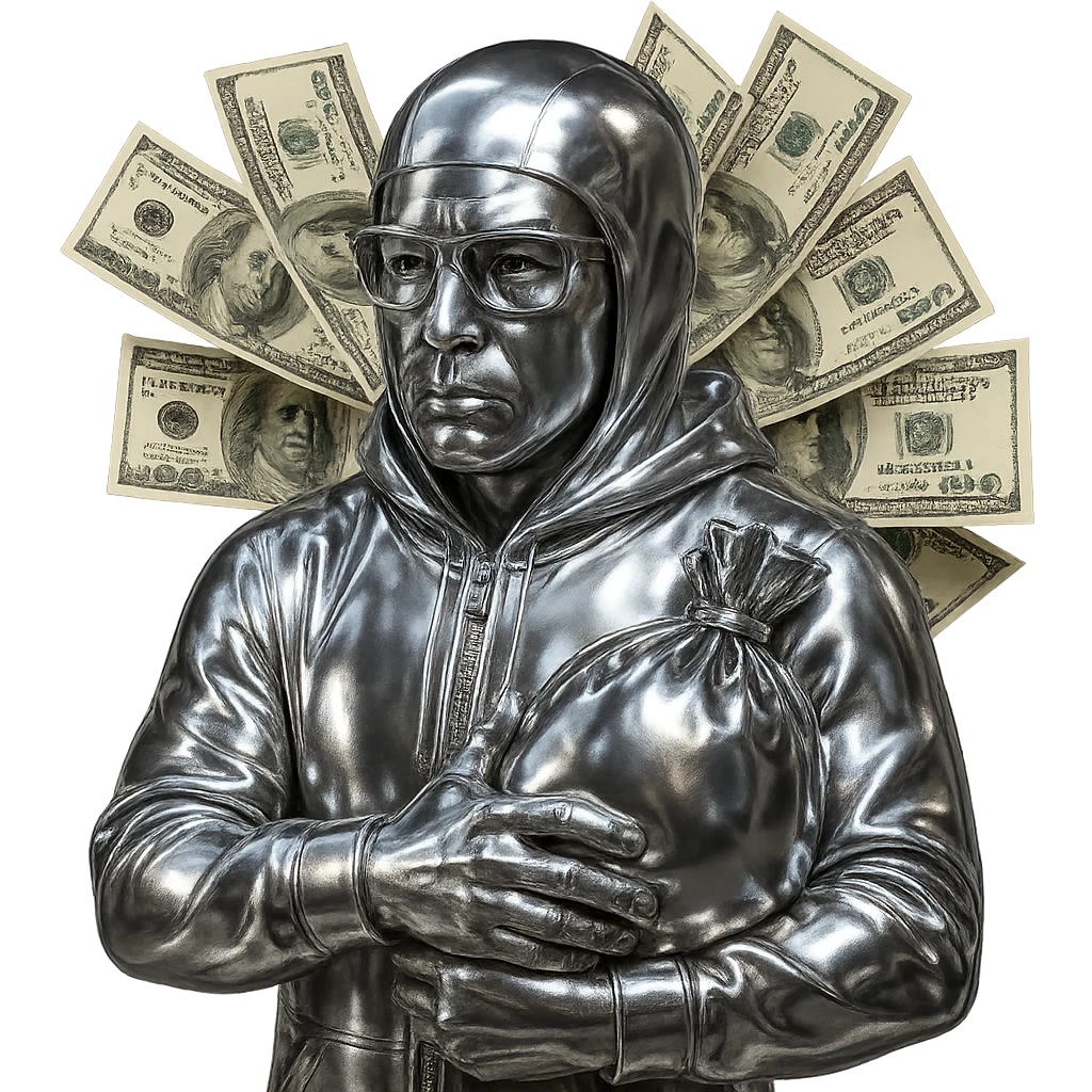 Change the character to have light brown (lightskin) skin and facial features. Dress him in a chrome hoodie and add chrome glasses. Have him holding a chrome money bag in his left arm, with realistic photorealistic US dollar bills falling out behind his head. Keep the background transparent and the bills photorealistic. emoji