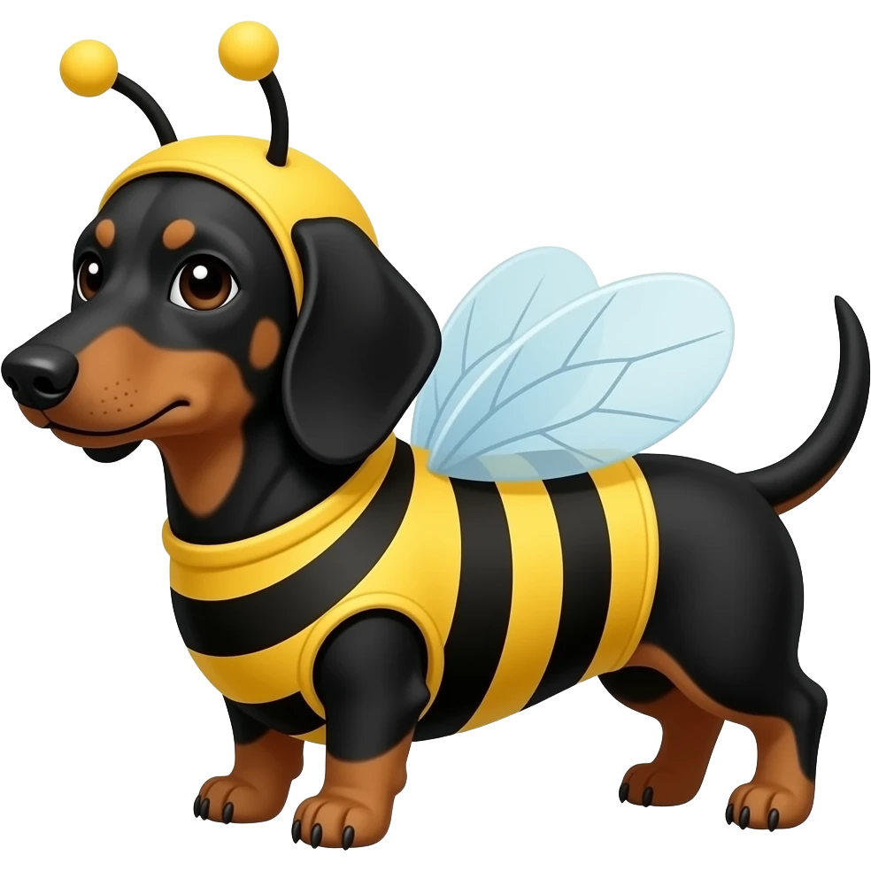 Short-haired dachshund with black/brown fur wearing bee costume emoji