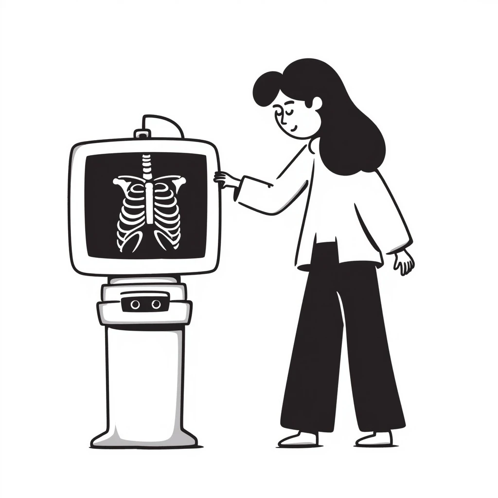A woman having an x-ray of her lungs with the image of the x-ray displayed emoji