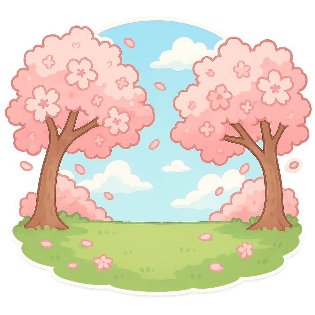 满是樱花的场景，中间一片空地，蓝天白云 emoji