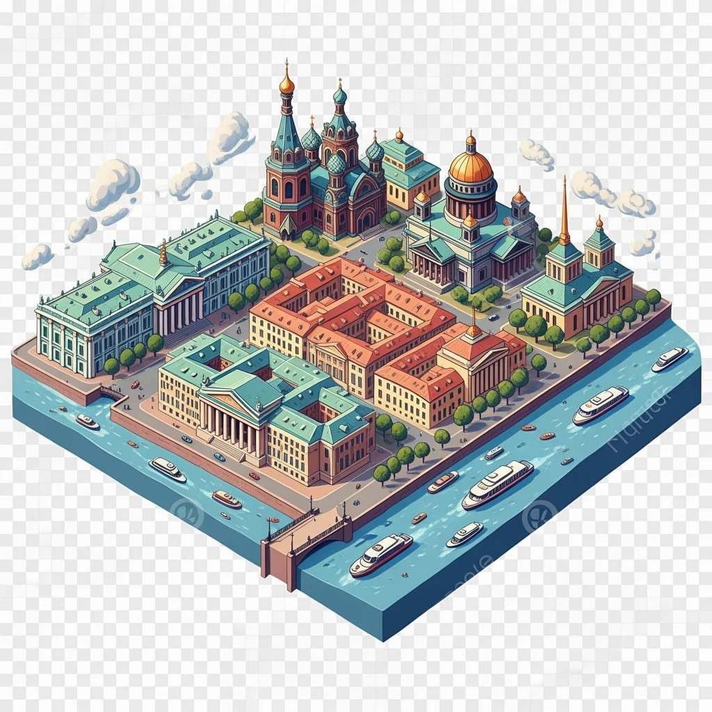 Изометрическая модель-иллюстрация Санкт-Петербурга с основными достопримечательностями баланс между стилизацией и реализмом, эффект рисованной миниатюры Tift shift, прозрачный фон. emoji