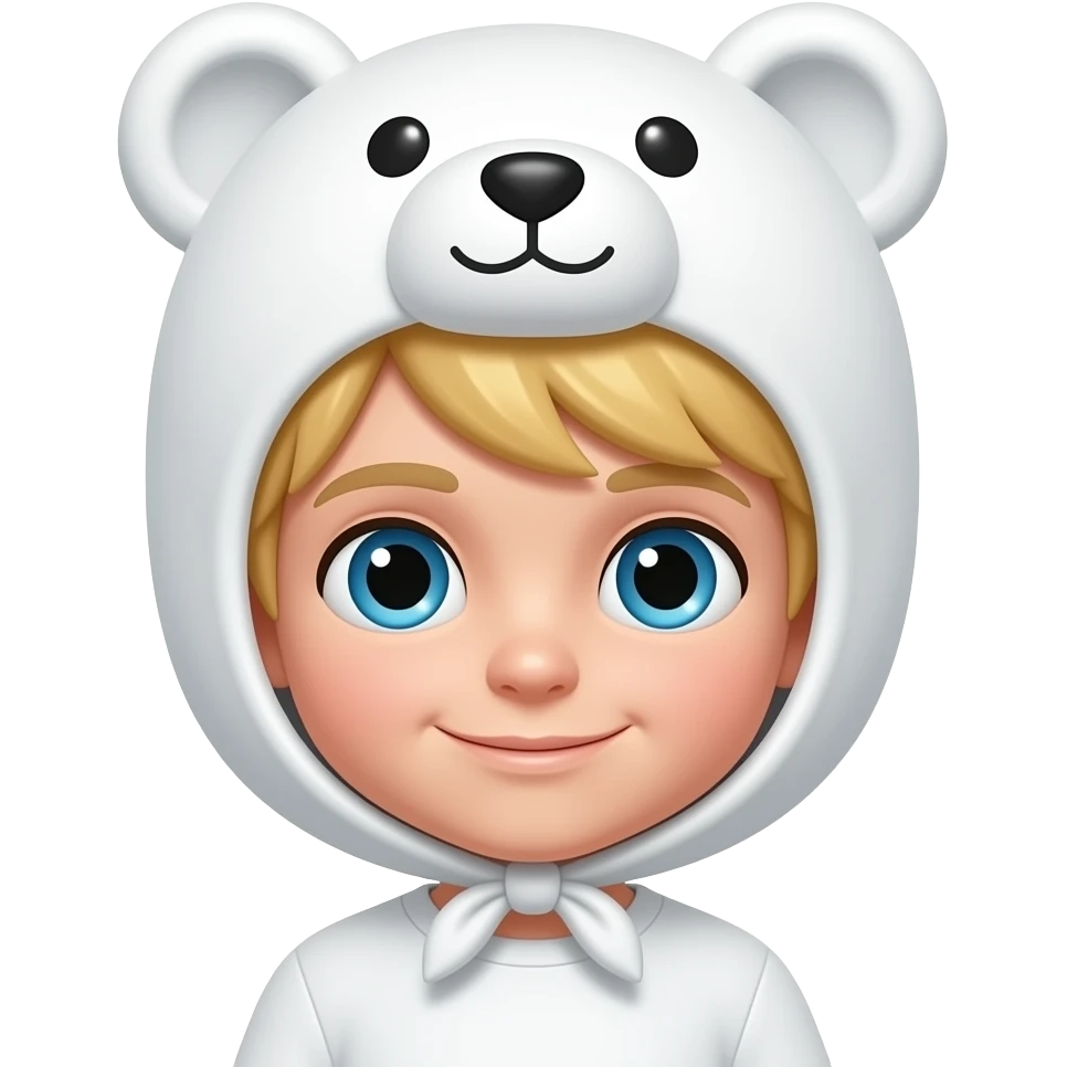 a blonde boy wearing a white bear theme bonnet but without the bear’s face emoji