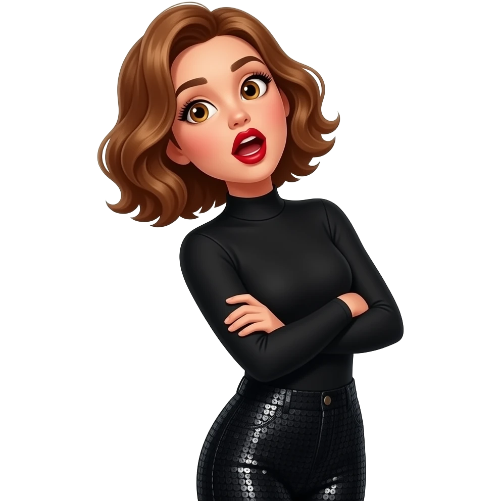 glamours,-tanned,-very-beautiful-woman-with-big-plump-red-lips,-long-long-lashes,-honey-silky-very short- hair,-wavy-hair,-hazel-eyes- wearing-black-Long-sleeved-bodysuit-and-black-sequinned-pants-eyes-wide-open-look-of-surprise-and-mouth-open-round- wide-arms-crossed-throwing head back-waist-up emoji