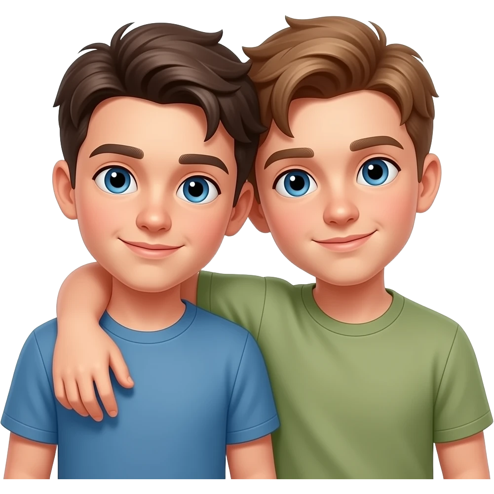 Erstelle ein Emoji von zwei Brüder, der eine um die 20 und der andere um die 24, der älter Bruder legt sein Arm über sein jüngeren und der jüngere legt auch sein Arm um sein Bruder und beide legen die Köpfe aneinander. Beide haben blaue Augen emoji