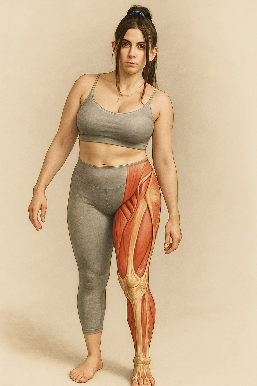 Create a realistic anatomical illustration inspired by the reference photo of the woman in the same pose. Highlight the right leg (her right, on the left side of the image) as the weight-bearing leg, with a cutaway effect to show muscles and bones. The rest of the body should remain realistic. Emphasize the anatomical structures of the right leg clearly with a realistic style. emoji