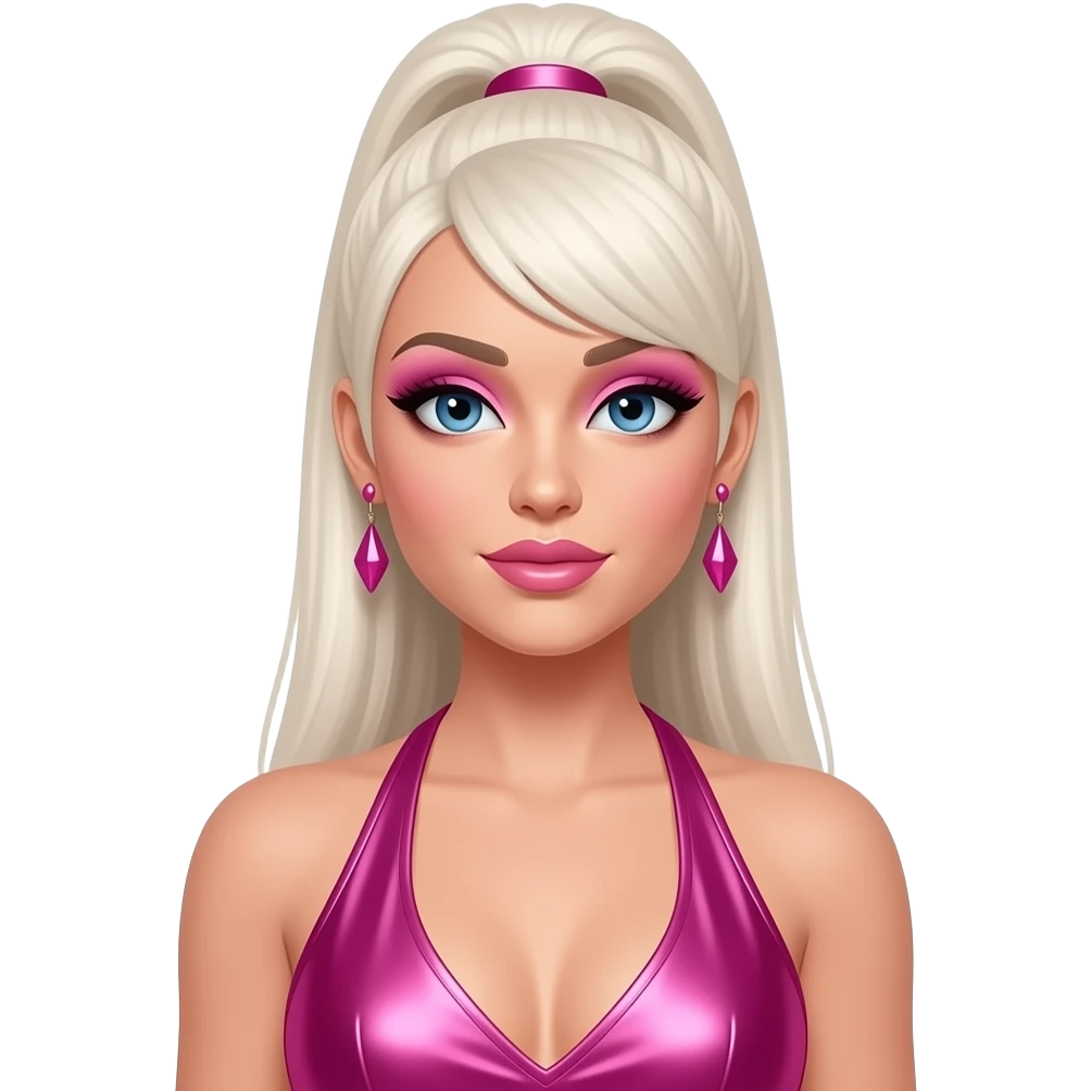 Kimberly Wyatt from The Pussycat Dolls with blue eyes, long white blonde straight high ponytail hair, pink eyeshadow and lipstick, hot pink metallic halter dress, earrings emoji