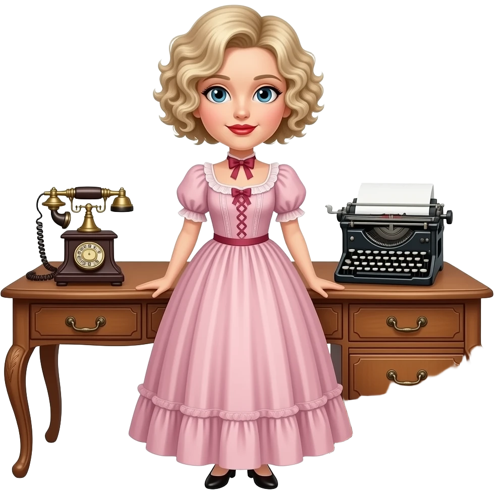 short blonde curly pixie bob hair in a 1800 pink dress in an antique desk, antique phone, and antique typewriter with red lipstick emoji