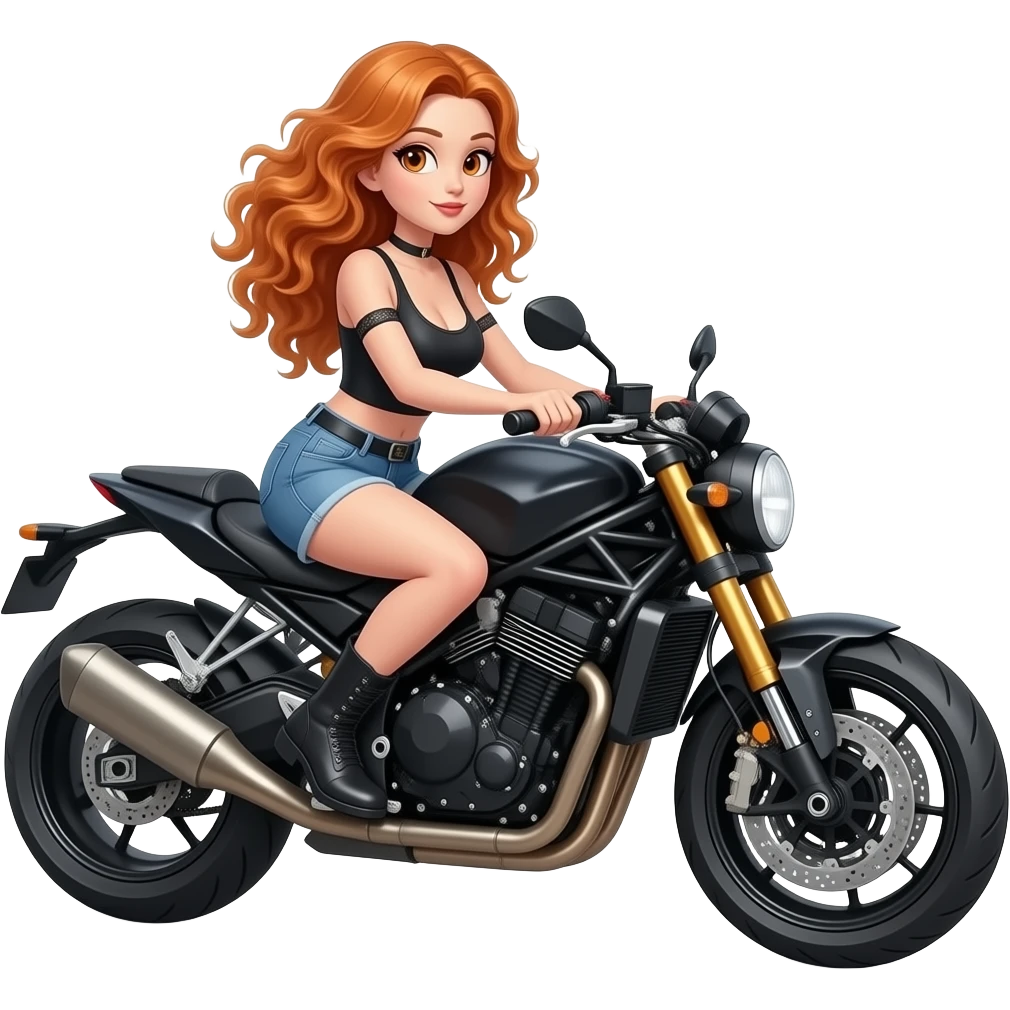 sexy girl with long curly ginger hair and ginger eyes is riding a motorcycle emoji