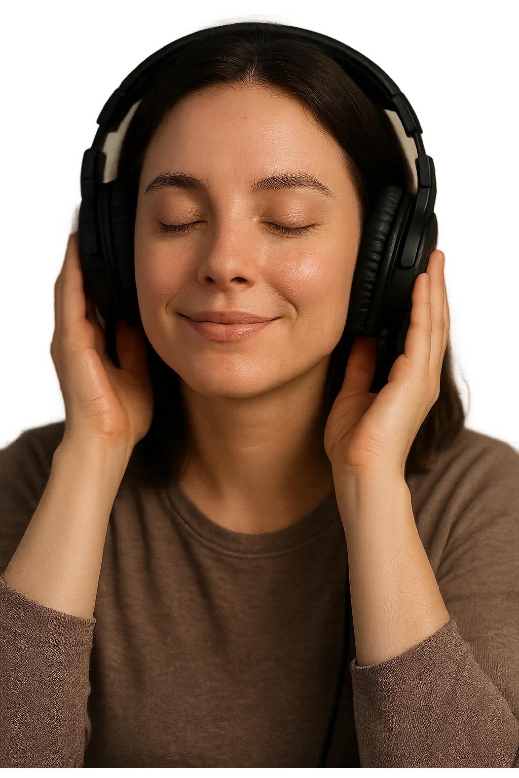realistic person enjoying ASMR, wearing headphones, soft lighting, relaxed expression, high definition, smooth edges emoji