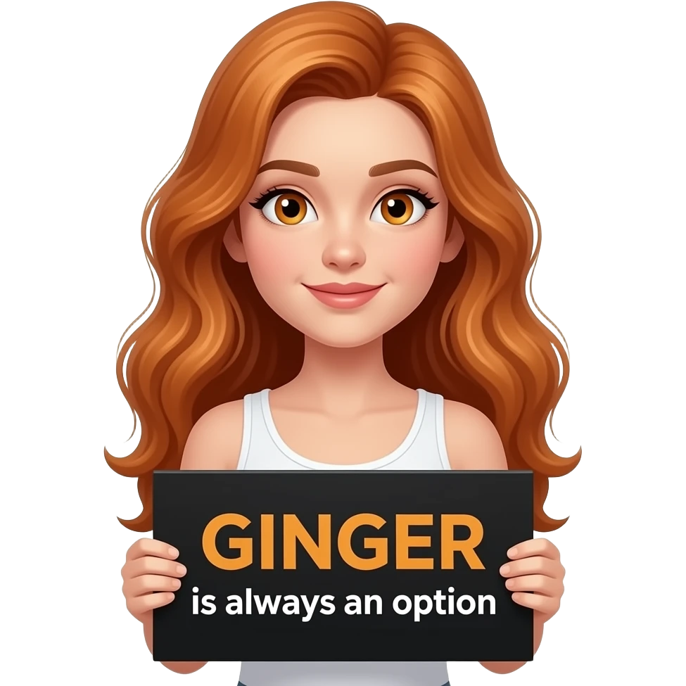 sexy girl with long wavy ginger hair and ginger eyes wearing a white tanktop is holding a black colored sign with GINGER is always an option written on it emoji