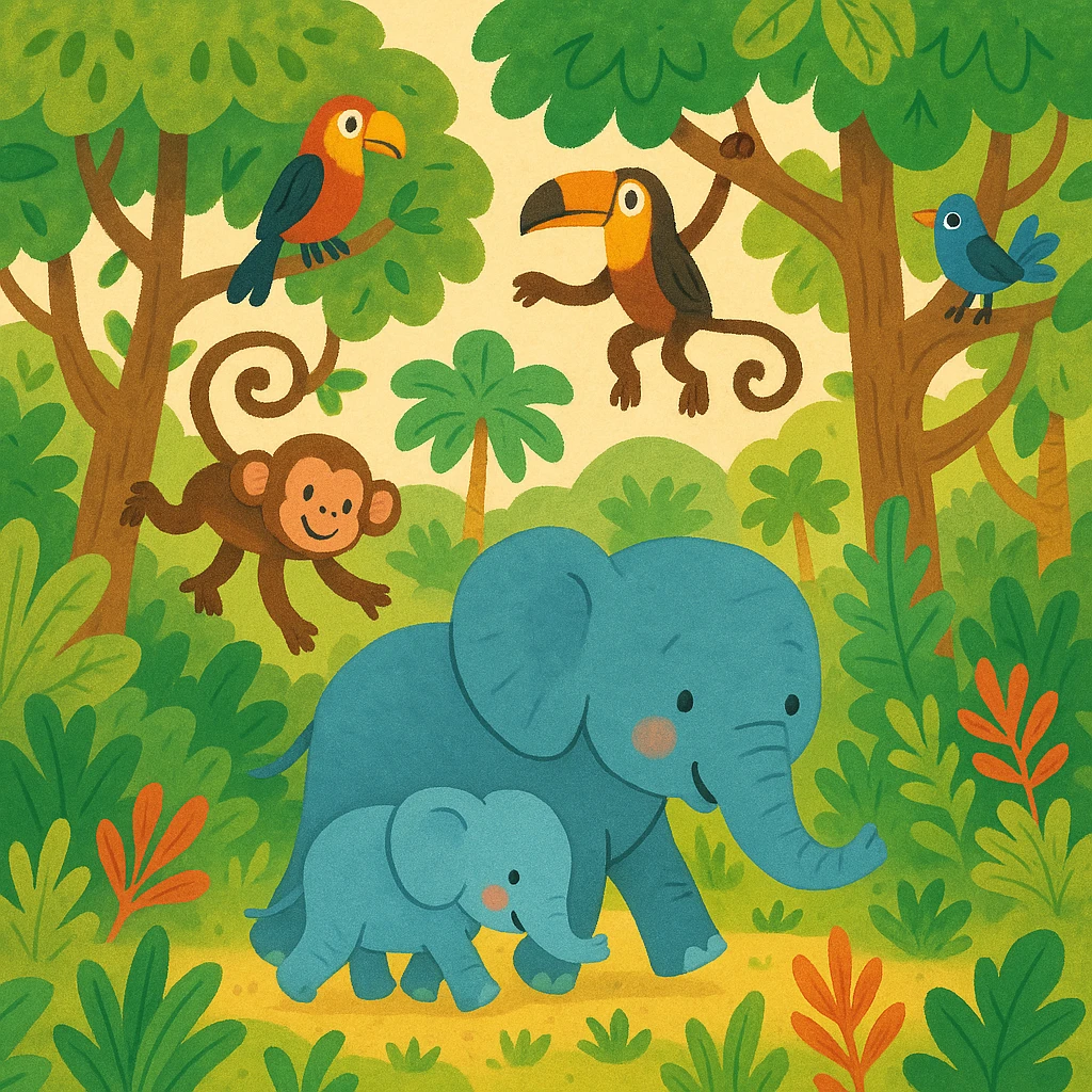digital illustration of jungle safari in the style of children's story book emoji