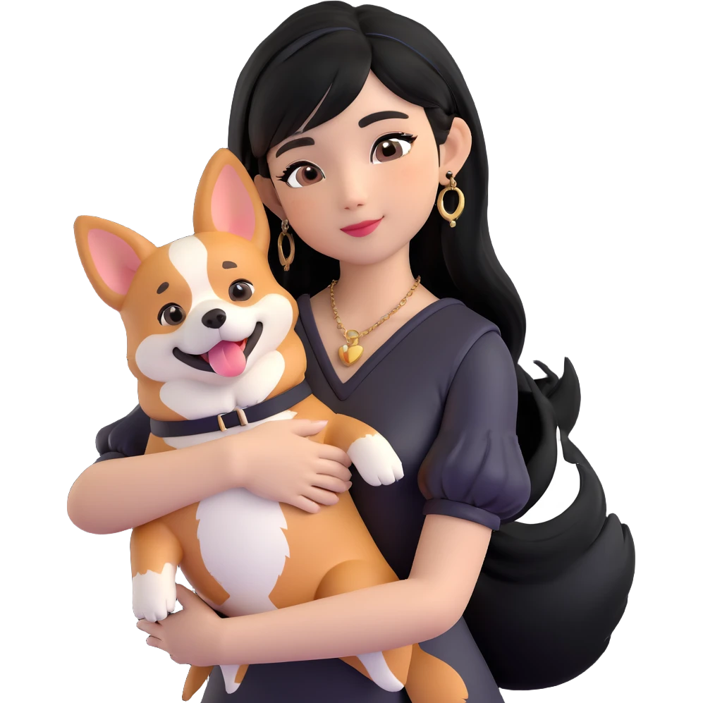 expressive emoji of an Asian girl with long black hair with wispy deep side-parted bangs, false lashes, a 3/4th sleeve tattoo on her left arm, wearing a black sleeveless leather dress with gold earrings, hugging a cool tri-color Corgi, simple emoji-like, 3D emoji style emoji