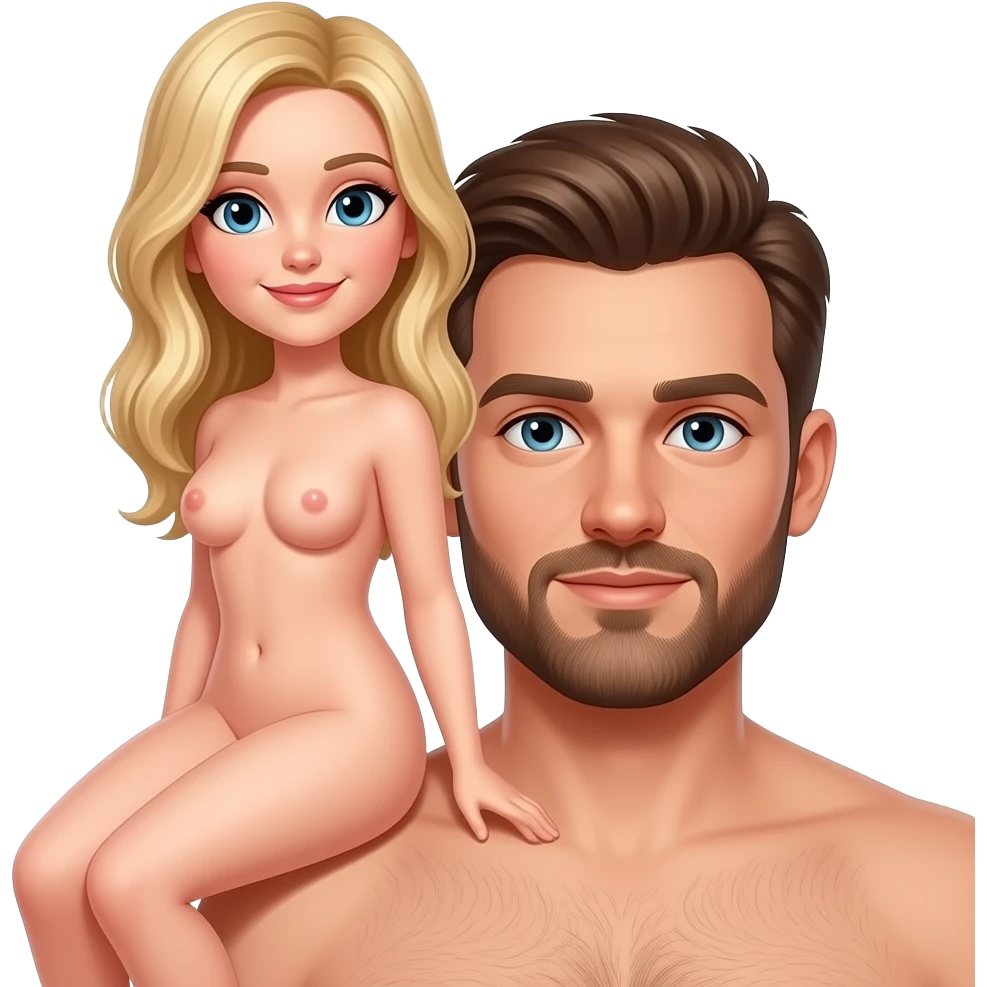 naked woman with blonde hair sitting on naked man with brown hair and beard lap emoji