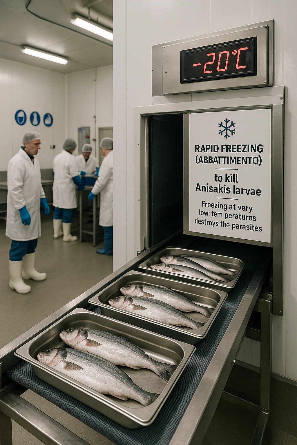 a fish processing facility where freshly caught fish are placed on trays and moved into a large industrial freezer. A temperature gauge shows -20°C, and an educational label explains that rapid freezing (abbattimento) is used to kill Anisakis larvae. The background includes workers in protective clothing and clear signage about food safety. emoji