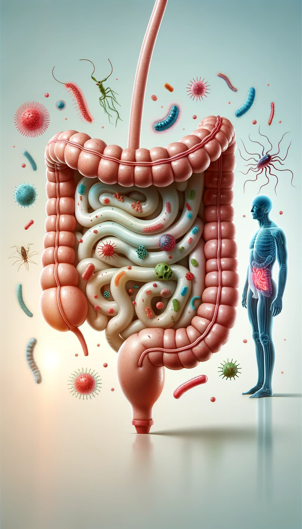 intestino umano anatomico con batteri e parassiti che gli fluttuano dietro, sfondo chiaro emoji
