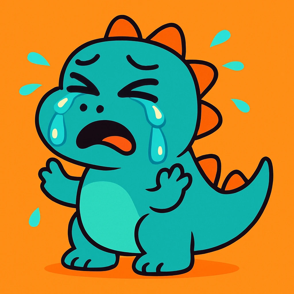 cartoon dinosaur crying, cyan color, tears dripping down, vibrant, cute emoji