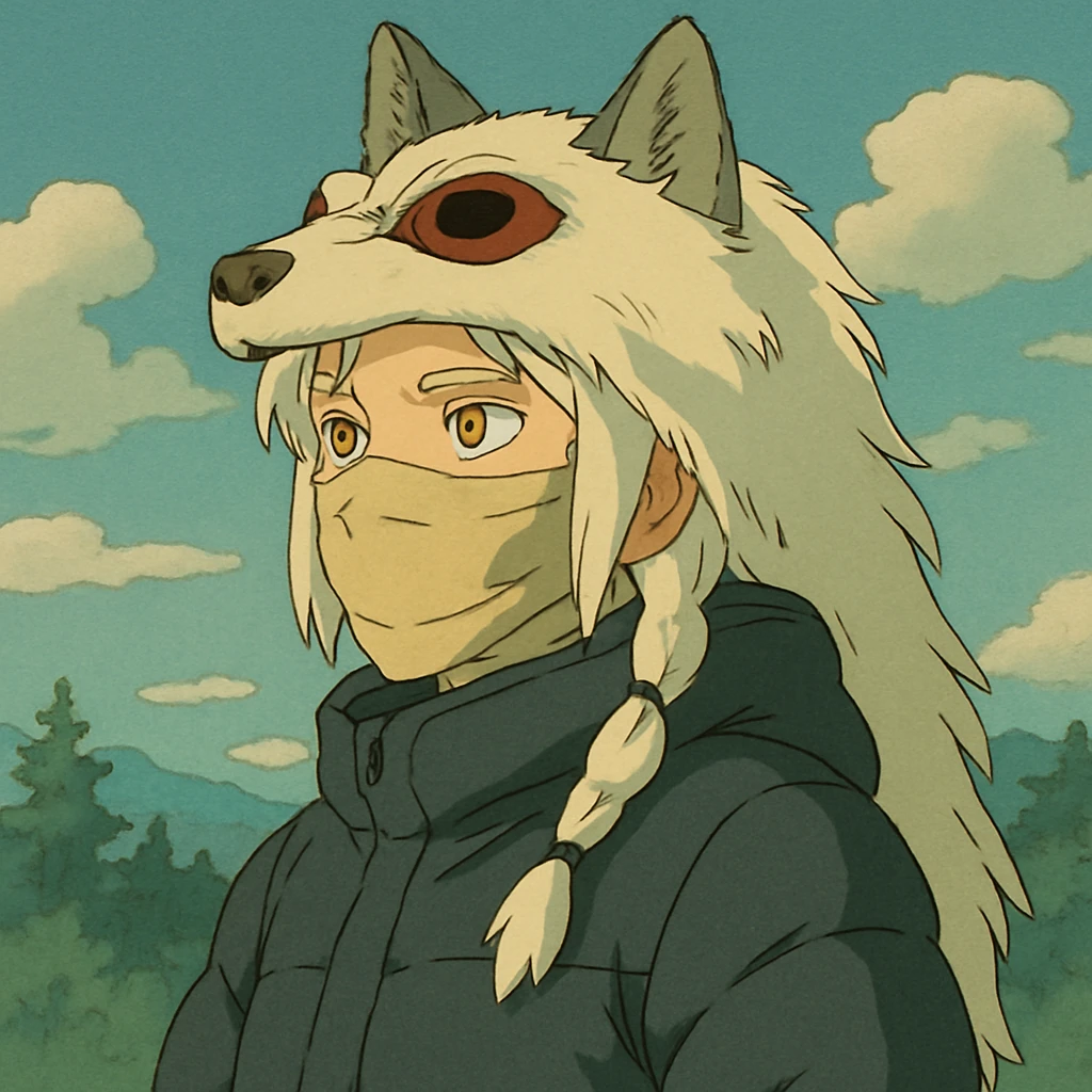 1 female, gold yellow eyes, white hair with a single long braid, wolf headdress, rag face covering, dark colored puffer parka, gazing into the distance emoji