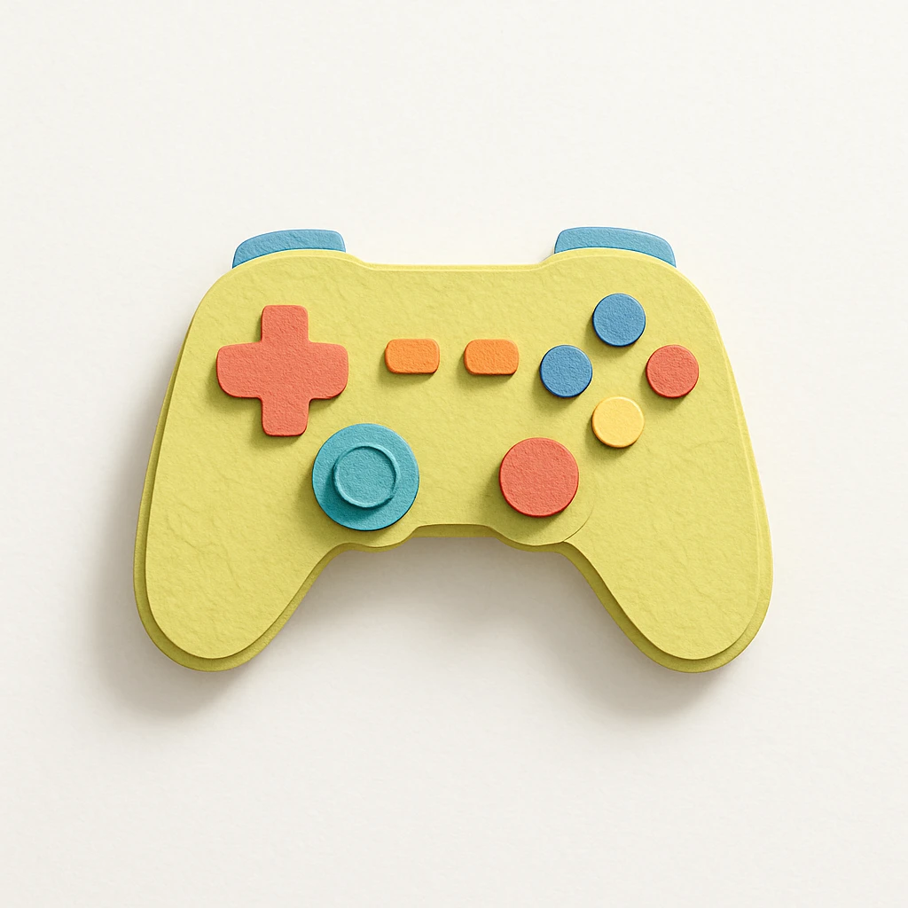 game controller, paper craft animated icon style, layered paper textures, cut-out look, animated feel emoji