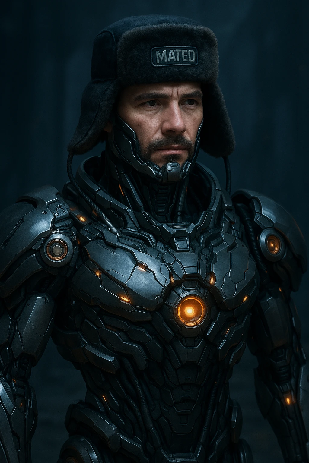 Mateo in a mech suit with a shapka hat on top, blending human and machine features, futuristic and creative emoji