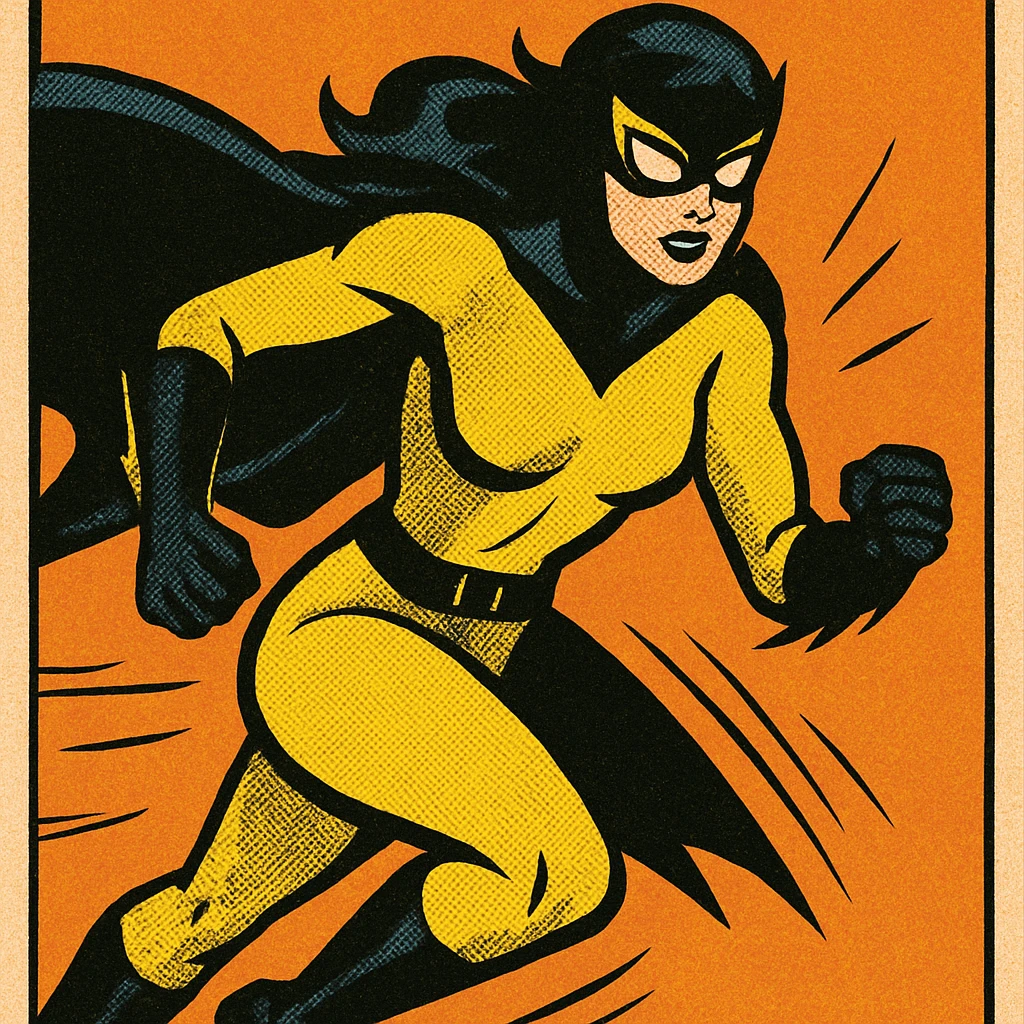 superheroine costume, yellow and black color scheme, dynamic pose, sleek and modern design, mask and cape, bold and confident, comic book style emoji