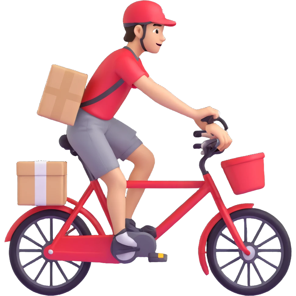 delivery worker in a red dress on a bike, dynamic pose, with a parcel in hand emoji