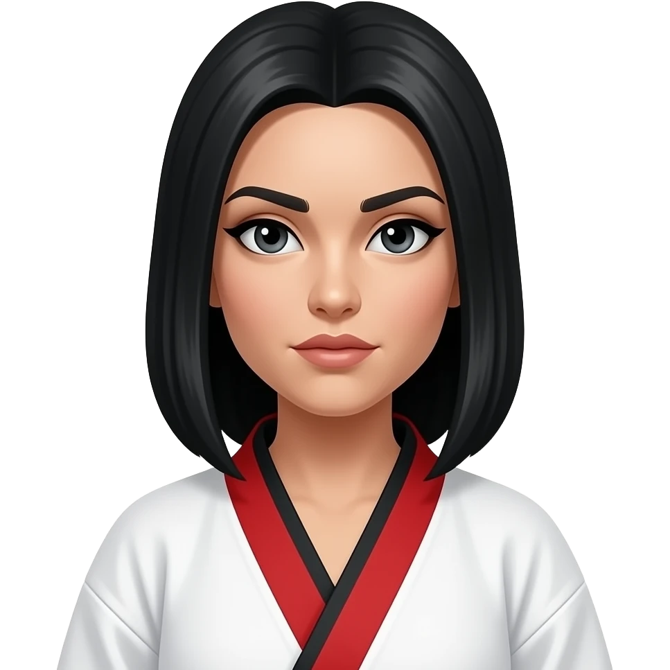 Woman wearing white and red striped karate suit with jet black hair, sharp eyeliner emoji