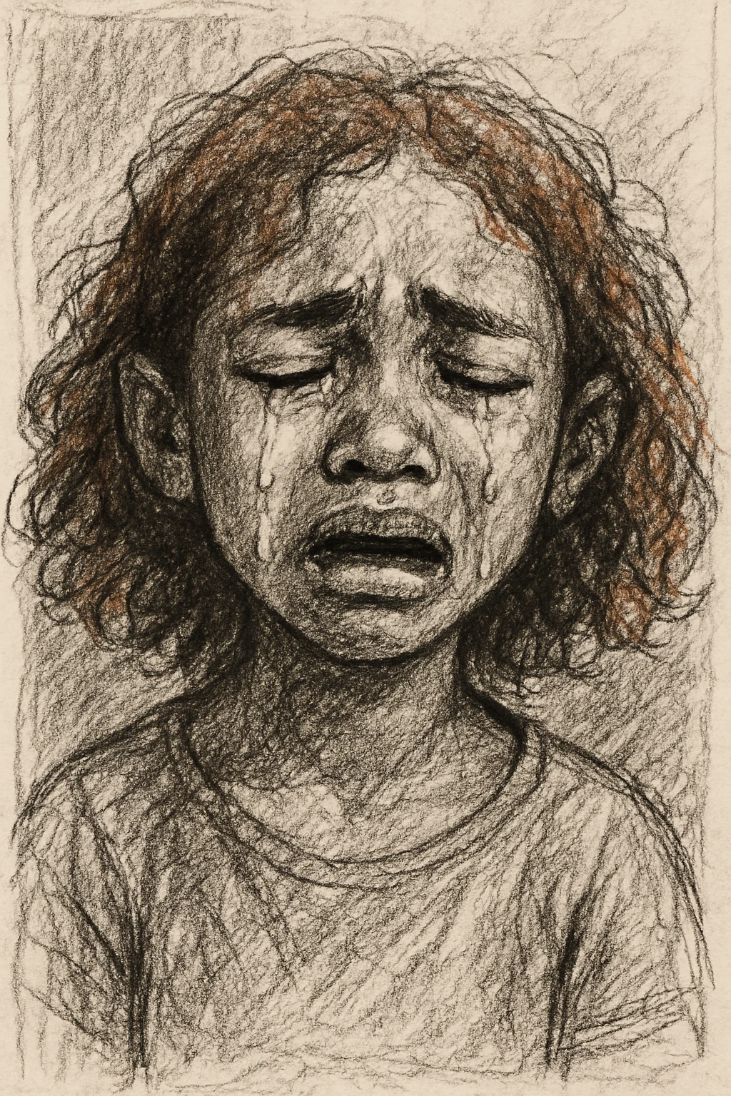 brown-skinned girl with shoulder-length curly reddish hair, crying, pencil sketch style emoji