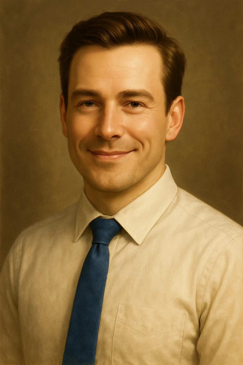 Make the professional looking white pale man with brown hair smile, keep formal shirt, confident expression, semi-realistic digital art style. emoji