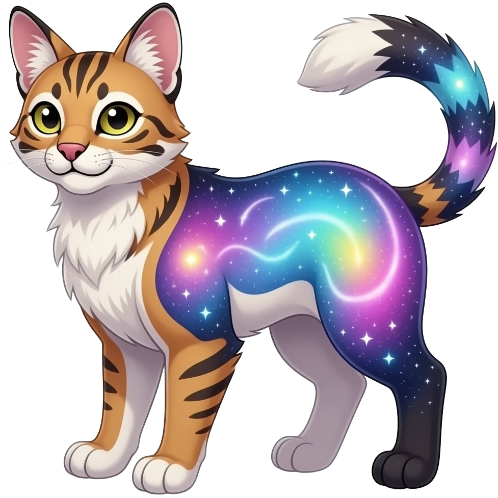 Colorful nebulae nebula starry galactical shiny tropical pale light fruity pastel white glorious iridescent divine exotic cute cool beautiful realistic antasy-caracal-civet-genet-sergal-vernid-Cacomistle-Trico-oncilla-animal-Fakémon-hybrid-fursona (full body) emoji