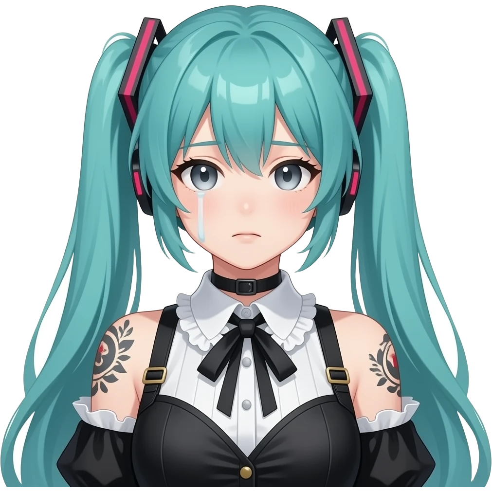 anime girl, ashamed, face tattoos, long flowing teal hair, grey eyes, black shoulder cyberpunk blouse with fancy white collar emoji