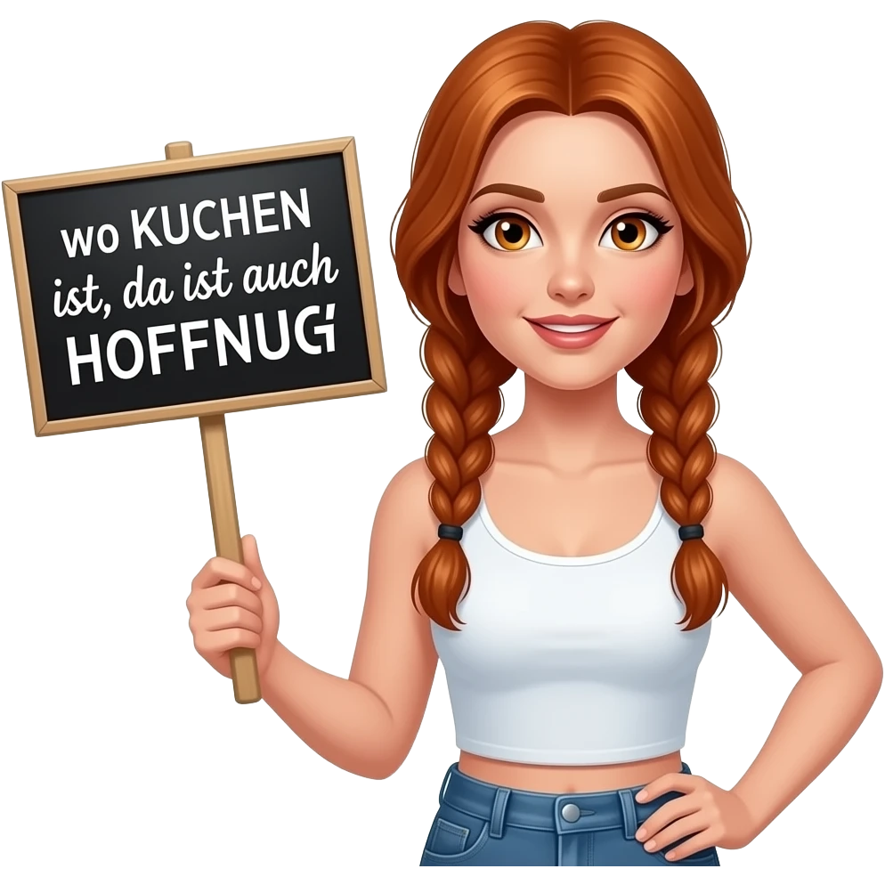 sexy girl with long ginger braids and ginger eyes wearing a white tanktop is holding a black sign with wo KUCHEN ist, da ist auch HOFFNUNG written on it emoji