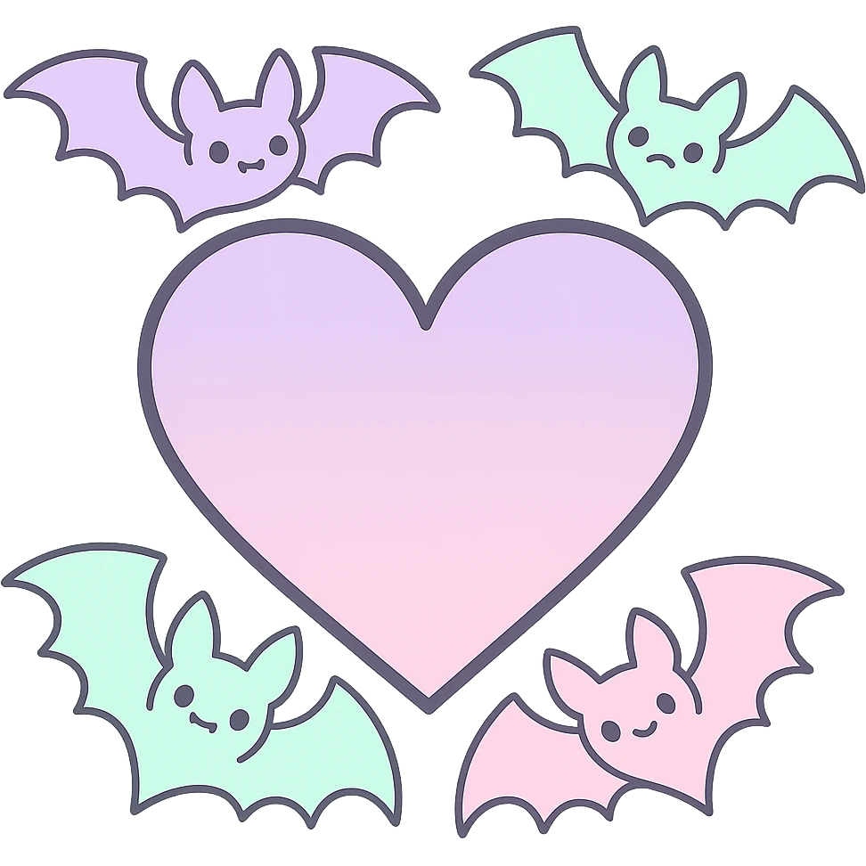 pastel goth heart with pastel bats ,remove background emoji