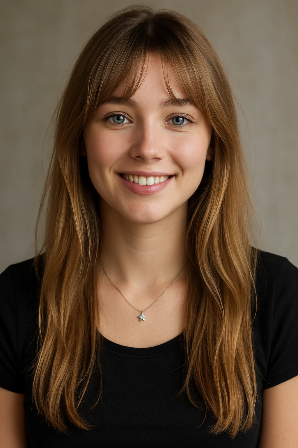 upper body of a smiling girl with blue eyes, dirty blonde long hair, curtain bangs, small silver star necklace emoji