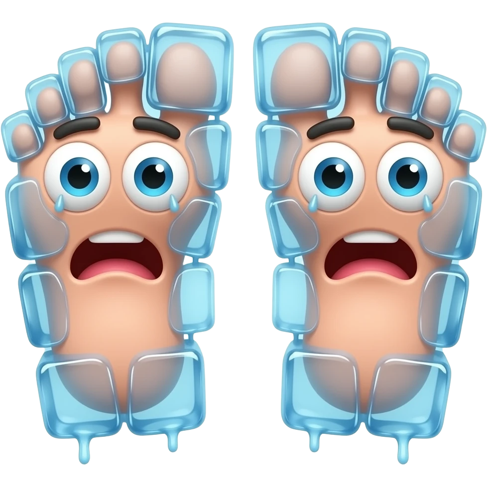 A humorous literal interpretation of “Cold Feet”.  Feet covered in ice cubes, frozen and shivering, exaggerated cartoon style, bright colors, playful, 3D illustration, funny expression. emoji