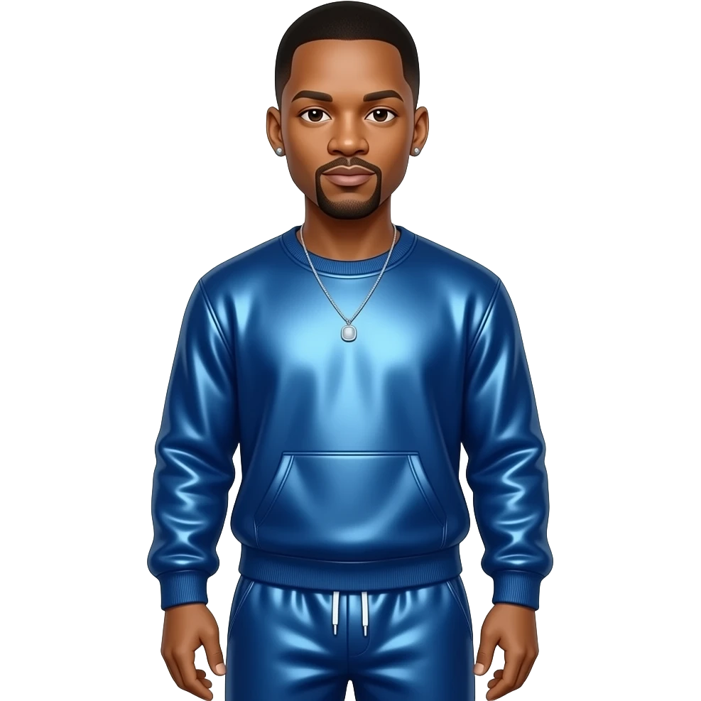Will Smith with dark brown eyes, black hair, blue metallic sweatshirt, blue metallic baggy sweatpants, necklace and short earrings emoji