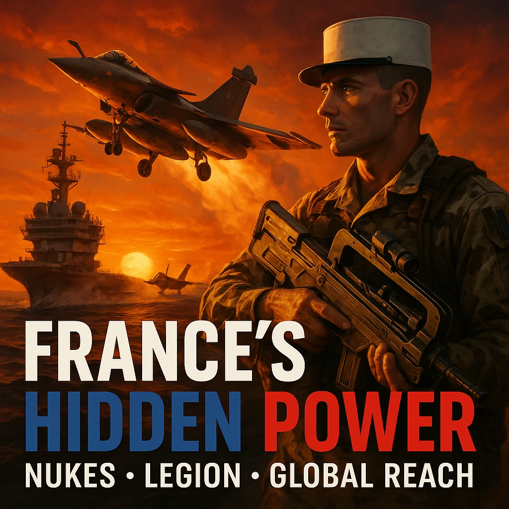Dramatic dusk scene of a Rafale jet launching from Charles de Gaulle aircraft carrier with an orange sunset glow. In the foreground, a French Foreign Legionnaire in desert camouflage holding a futuristic rifle. Bold tricolor text: 'FRANCE’S HIDDEN POWER'. Subtext: 'Nukes • Legion • Global Reach'. Epic, cinematic composition, ultra high detail, 8K. emoji