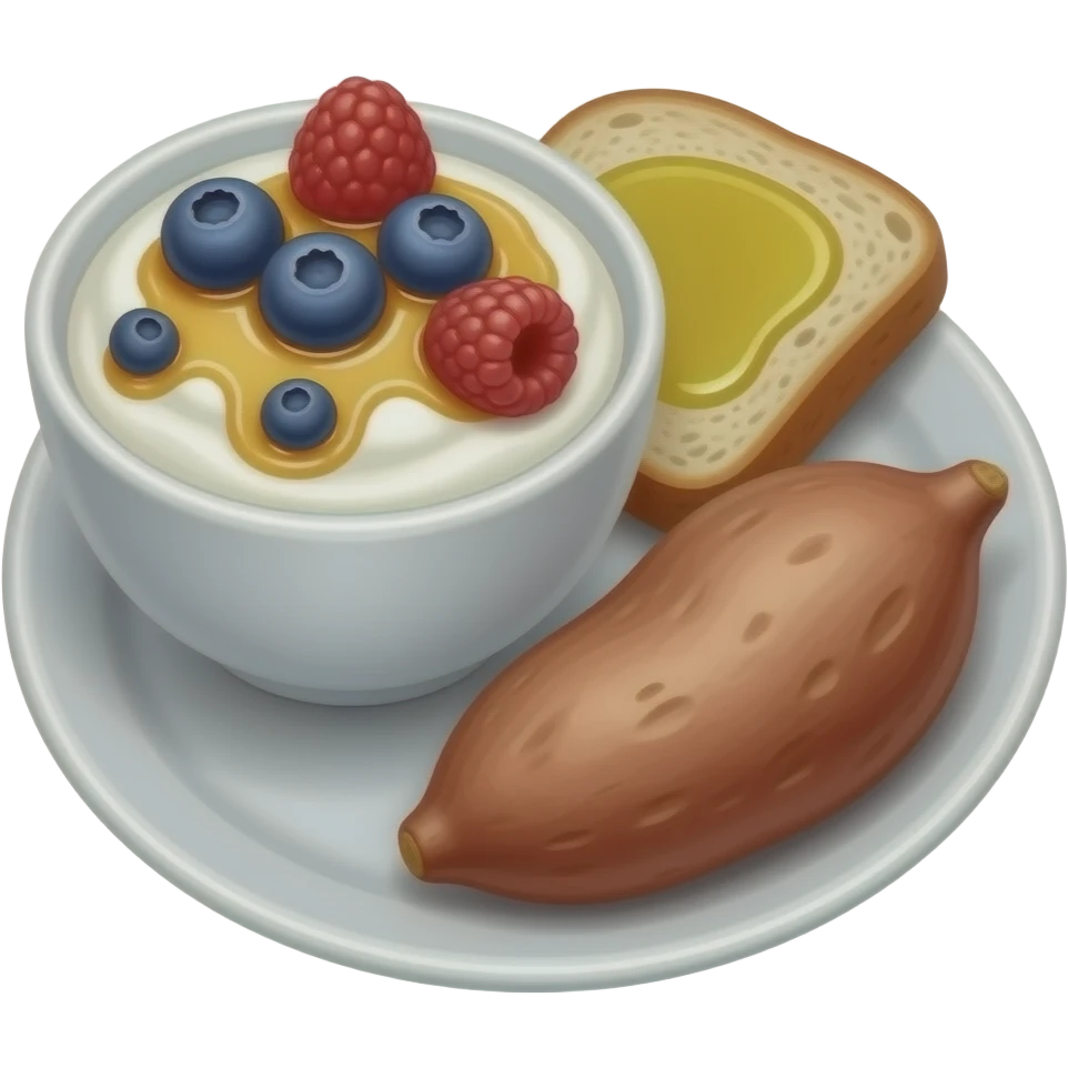 Realistic Plate with greek yogurt bowl topped with blueberries raspberries and maple syrup and sourdough slice topped with olive oil and a sweet potato on the side HD emoji