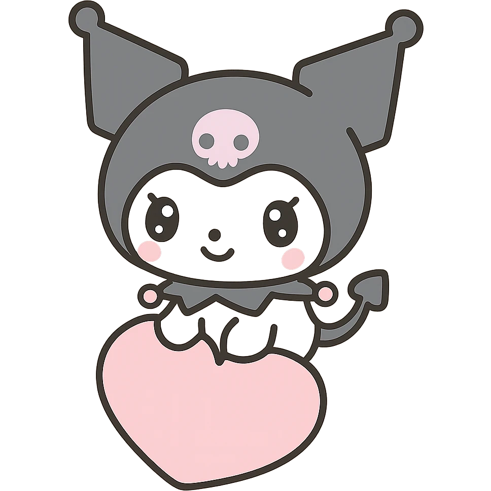 Kuromi character sitting on a heart, kawaii style emoji